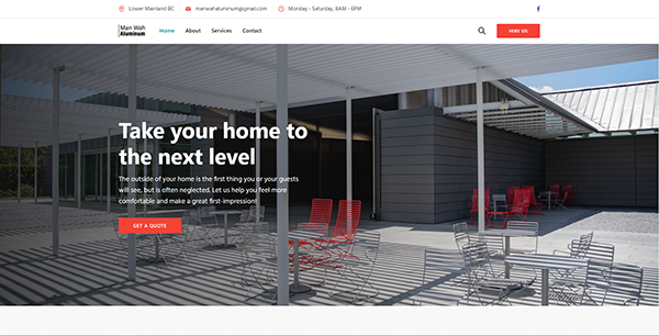 A screenshot of the homepage of the website for Man Wah Aluminum in Vancouver, BC.