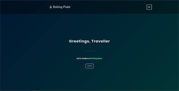 A screenshot of the homepage of the Boiling Plate html/css/js/php boilerplate by Scott Demeules.