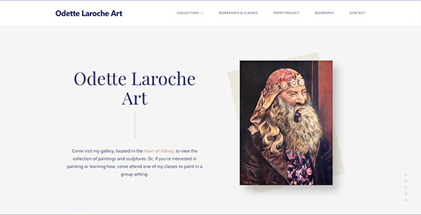 A screenshot of the homepage of Odette Laroche's website for her art gallery.