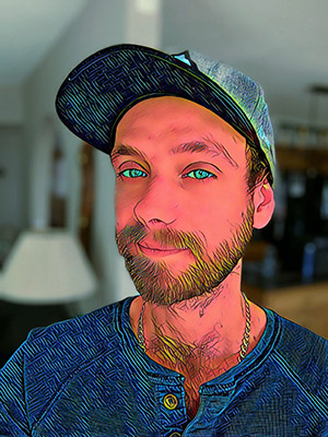 An edited photo of Scott Demeules with a filter that makes him appear to be from an old comic book.