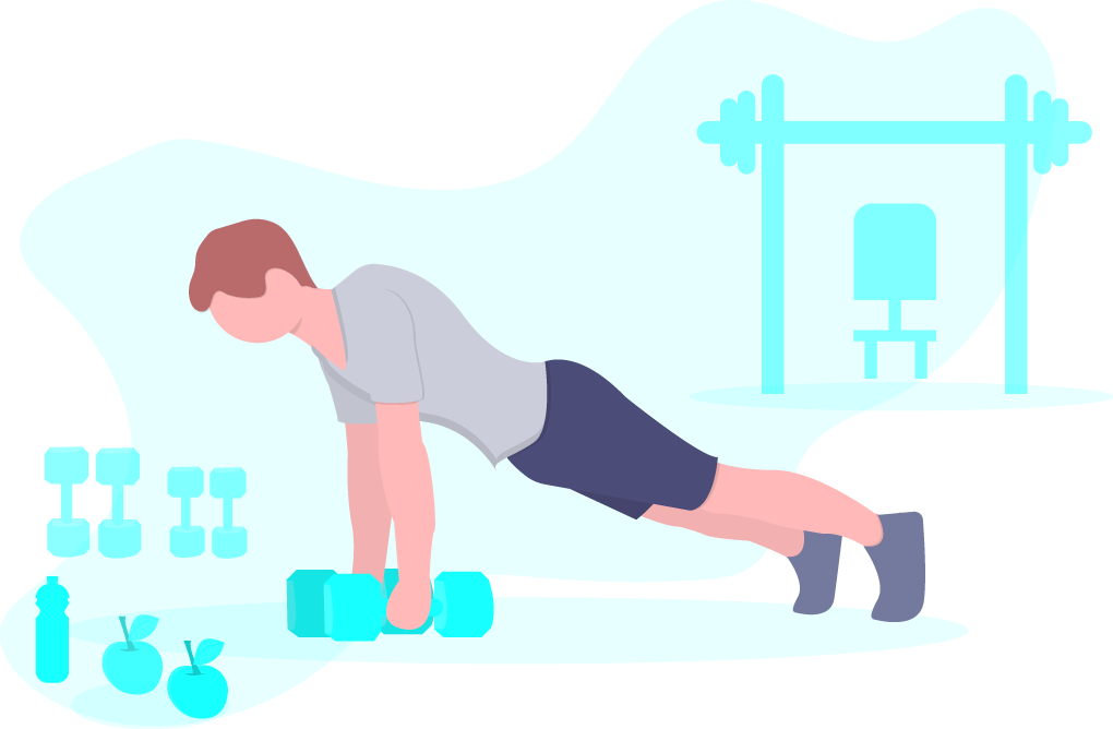 A graphic of a man doing push-ups with various workout equipment in the background.
