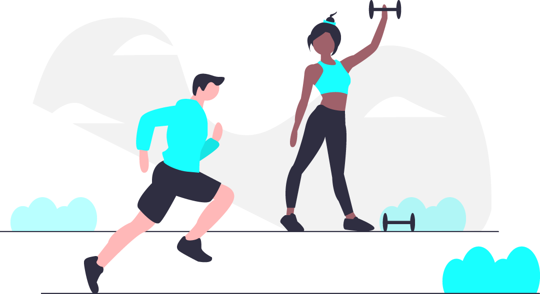 A graphic of a man running while a girl is lifting weights near him.